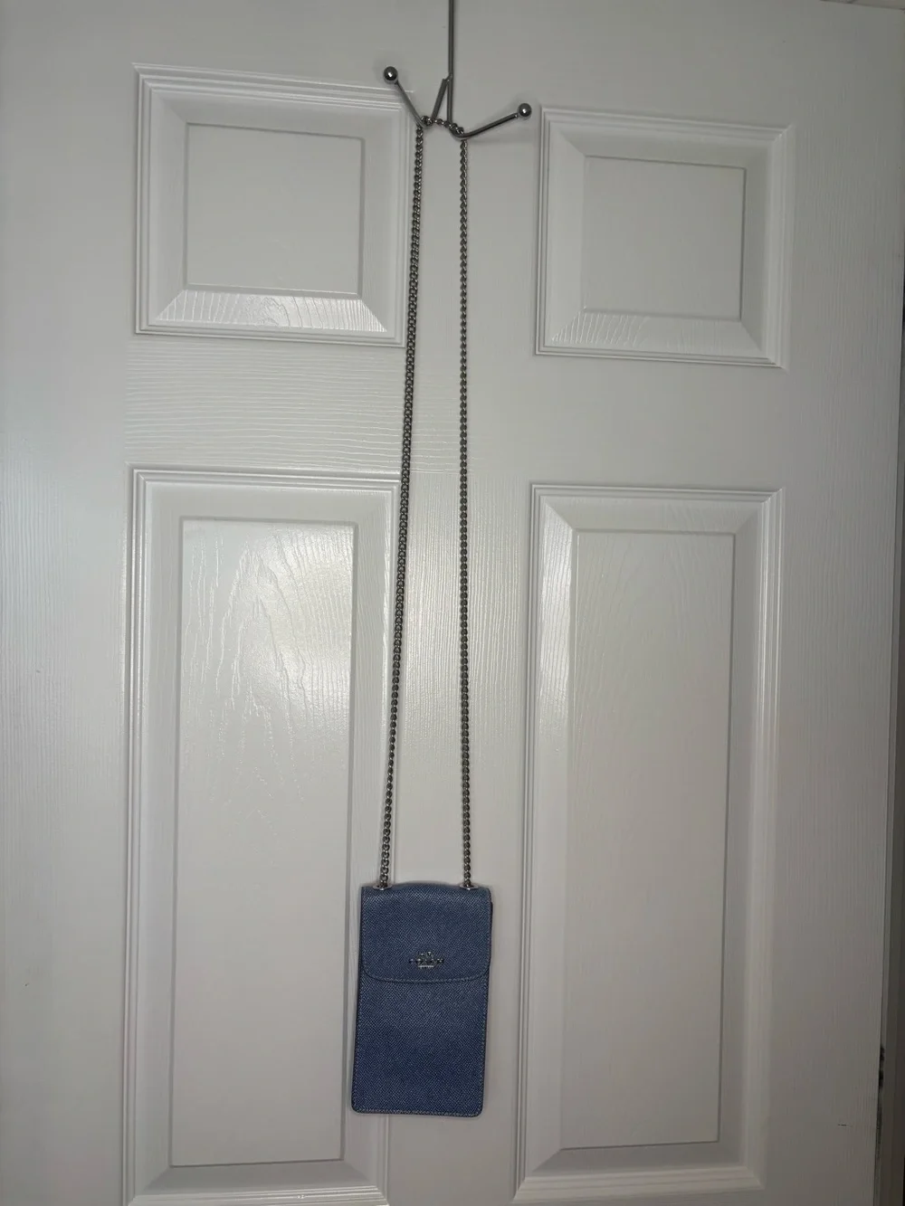 Coach Light Blue Leather Phone Crossbody with Silver Chain